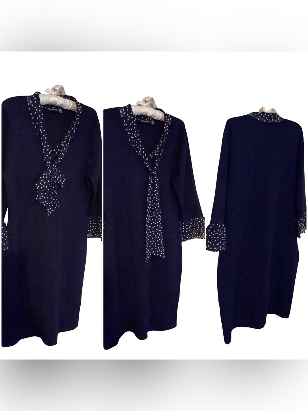 🍁 Nina Leonard Navy Sweater Dress w/Polka Dot Size Large